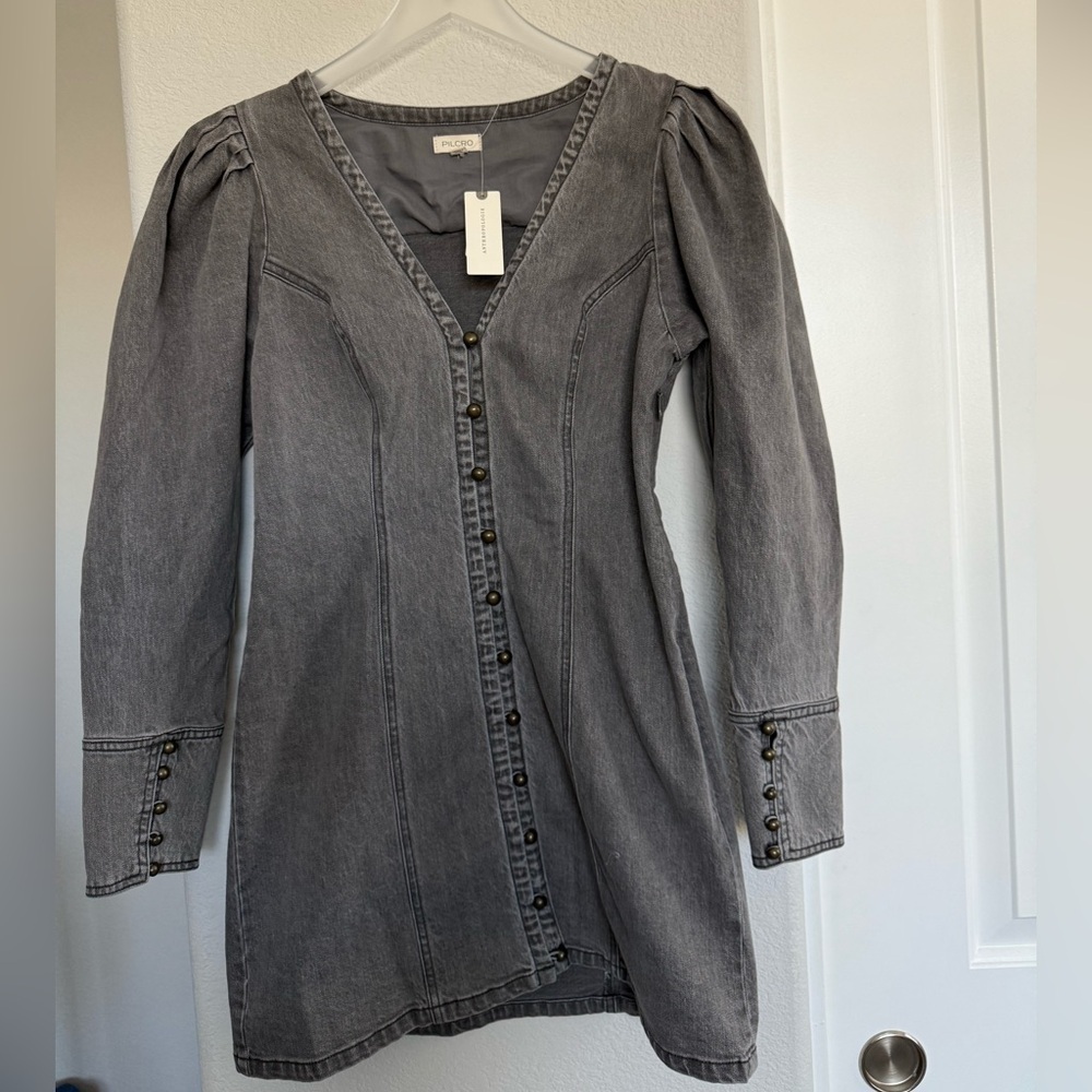 Anthropologie Pilcro Gray Puff Sleeve Denim Mini Dress - Picture 2 of 9